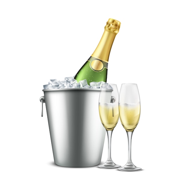 Bottle of champagne in restaurant bucket with ice and wine glasses with carbonated alcohol beverage