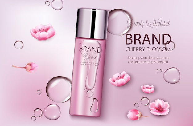 Free vector bottle of cosmetics cherry blossom. product placement. natural beauty. place for brand. water drops background. realistic s