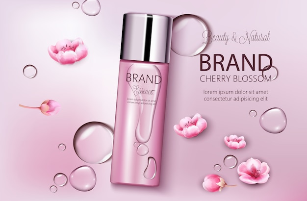 Bottle of cosmetics cherry blossom. Product placement. Natural beauty. Place for brand. Water drops background. Realistic s