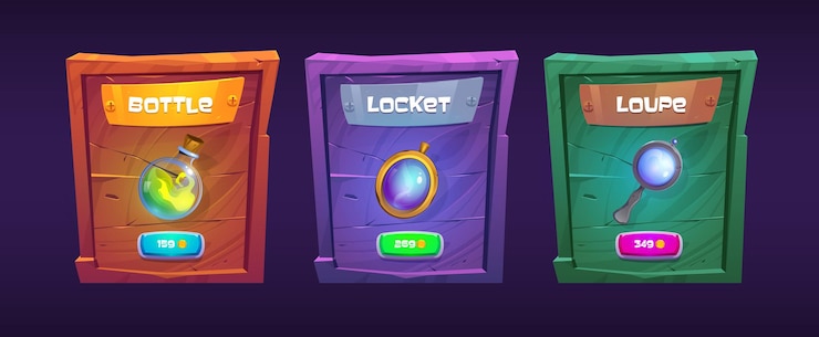 Free Vector bottle locket and loupe game interface assets shop menu items for rpg wooden boards screens for buying skills medieval panel kit settings user windows design elements cartoon vector illustration