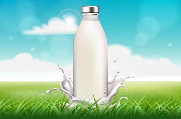 Bottle of milk surrounded by splashes on grass background