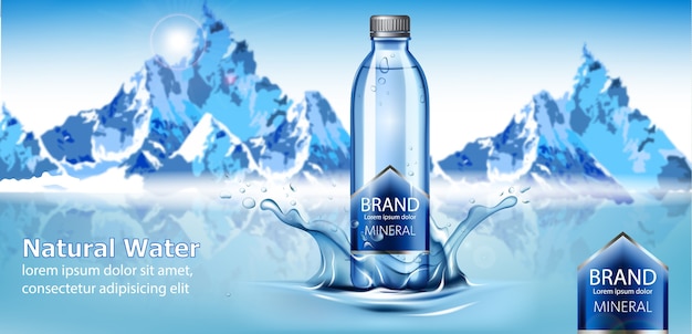Bottle of mineral natural water with place for text in center of a water splash