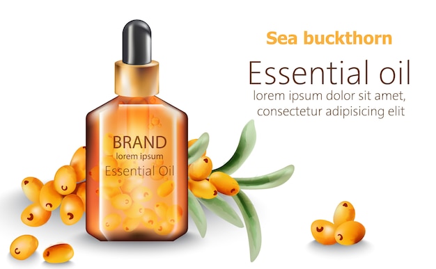 Free vector bottle of sea buckthorn essential oil with place for text