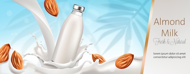 Free vector bottle surrounded and filled with milk and almonds