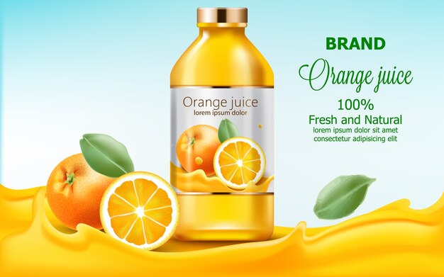 Bottle with fresh and natural juice submerged in flowing orange extract
