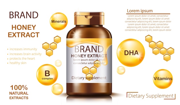 Bottle with natural honey extract dietary supplement