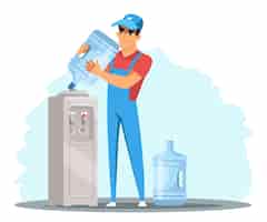 Vettore gratuito uomo di consegna dell'acqua in bottiglia in uniforme in piedi vicino al dispositivo di raffreddamento caraffa per il cambio dell'acqua del personale di servizio