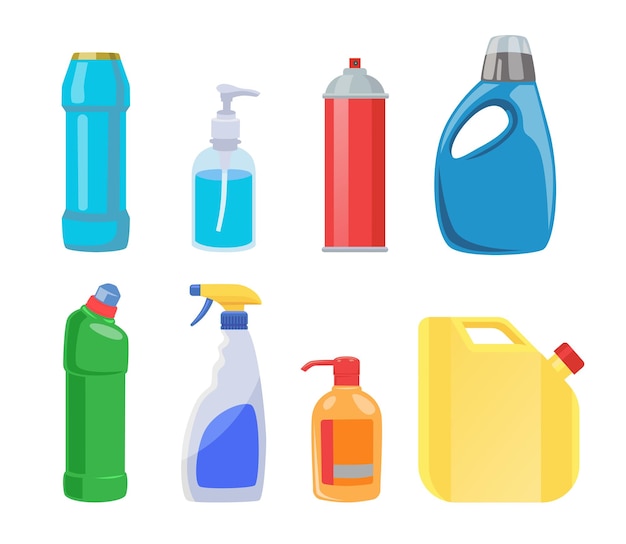 Набор бутылок для чистящих средств с плоскими векторными иллюстрациями. Пластиковые контейнеры для жидкого стирального порошка, мыла, дезинфицирующего спрея, отбеливателя на белом фоне. Гигиена, бытовая концепция