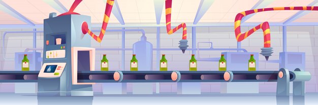 Bottles on conveyor belt at factory. Production in glass flasks package moving on transporter line with robots arms. Automation process, smart industrial robotic assistants