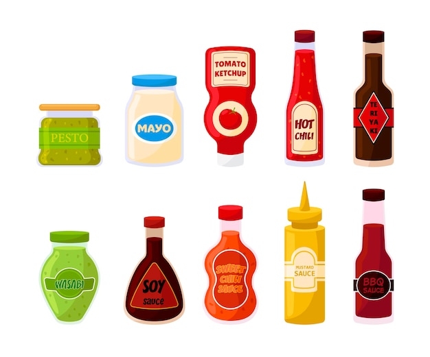 Set di illustrazioni vettoriali per bottiglie e vasetti di diverse salse