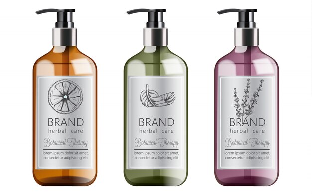 Bottles of organic shampoo with herbal care. Various plants and colors. Mint, orange and lavender