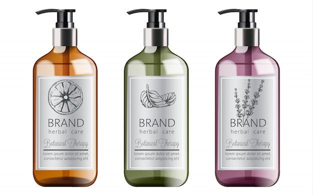 Bottles of organic shampoo with herbal care. Various plants and colors. Mint, orange and lavender