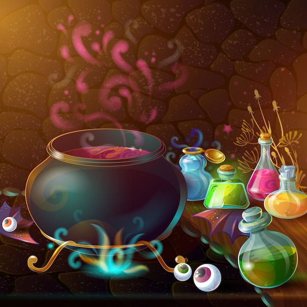 Bottles of potions and cauldron