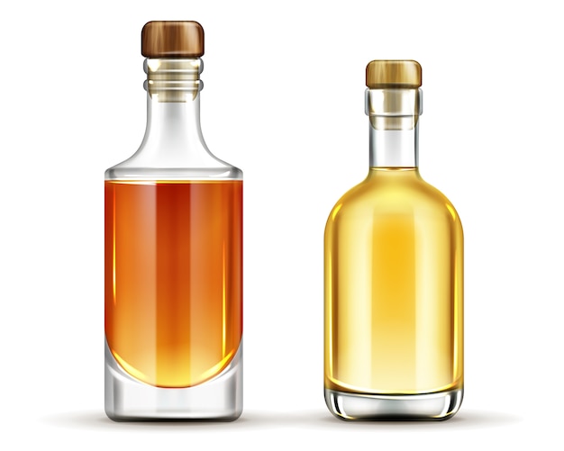 Bottles of tequila, whiskey, bourbon alcohol drinks set