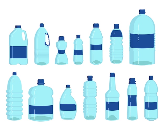 水のボトルセット。液体の透明なドリンクフラスコ用のプラスチック容器、リットルは白で隔離されています。漫画イラスト