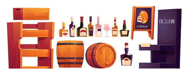Bottles with alcohol, wooden shelves and barrel