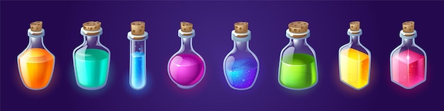 Bottles with magic potion alchemy elixir