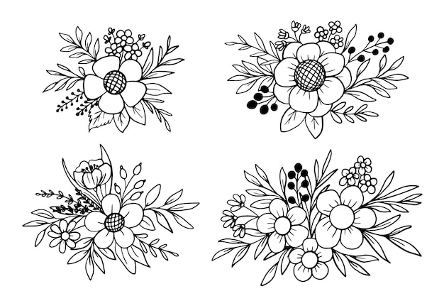 꽃다발 꽃과 잎 라인 아트 장식 컬렉션
