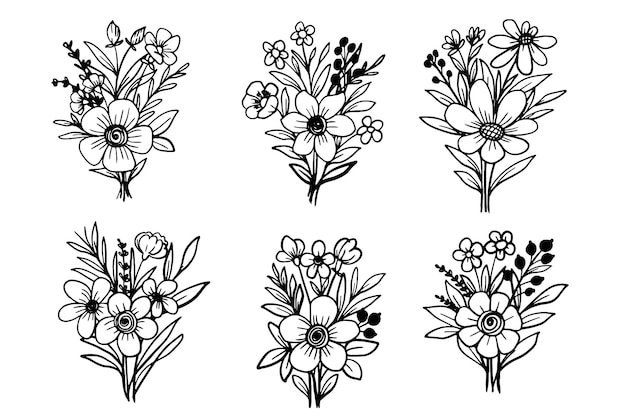 Bouquet flower and leaves line art ornament collection