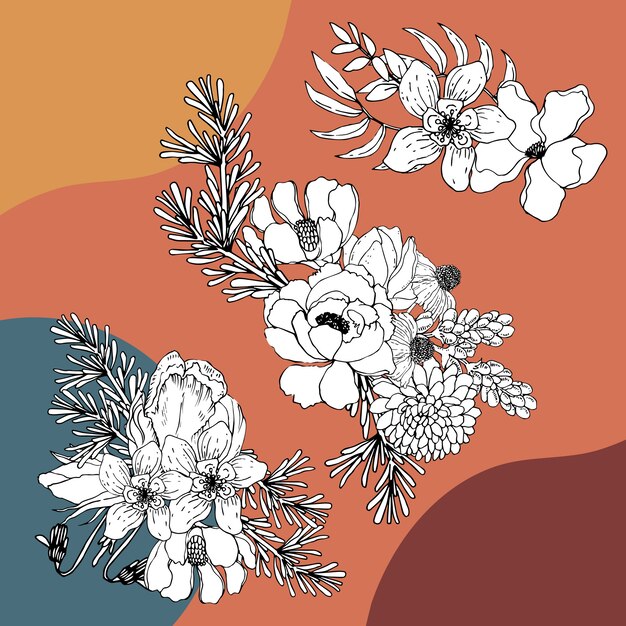 Bouquet flowers line art tropical.Decorative flowering plants.