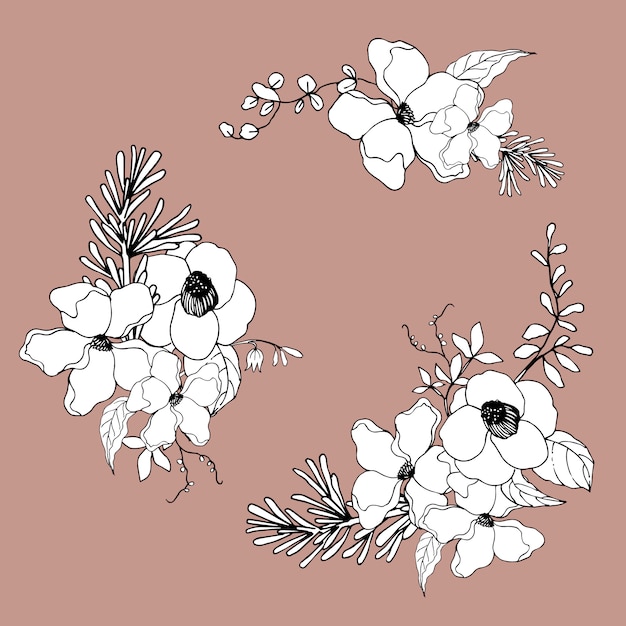 Bouquet flowers line art tropical.decorative flowering plants.