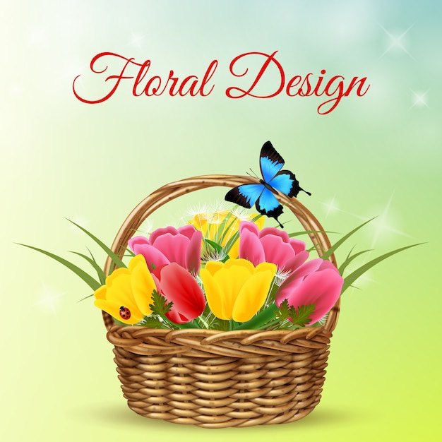 Free vector bouquet of flowers in wicker basket