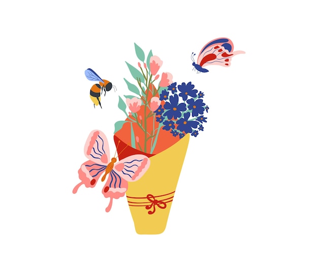 Букет цветов и бабочек к женскому дню 8 марта
