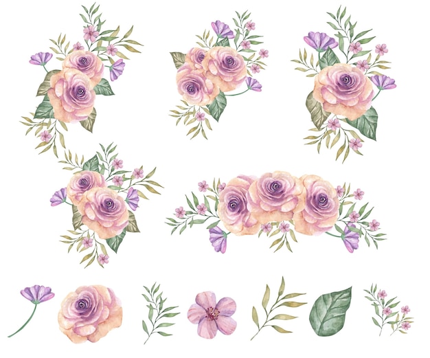 Bouquet and piece of pink purple rose watercolor on pattern background