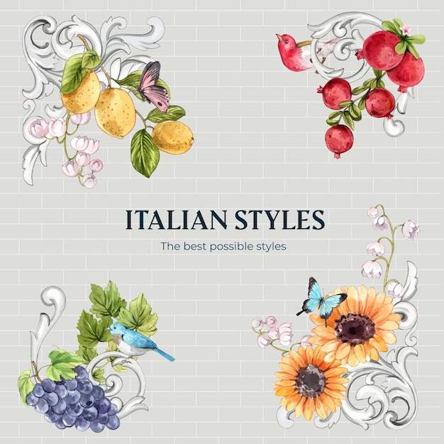 Set bouquet con stile italiano in stile acquerello