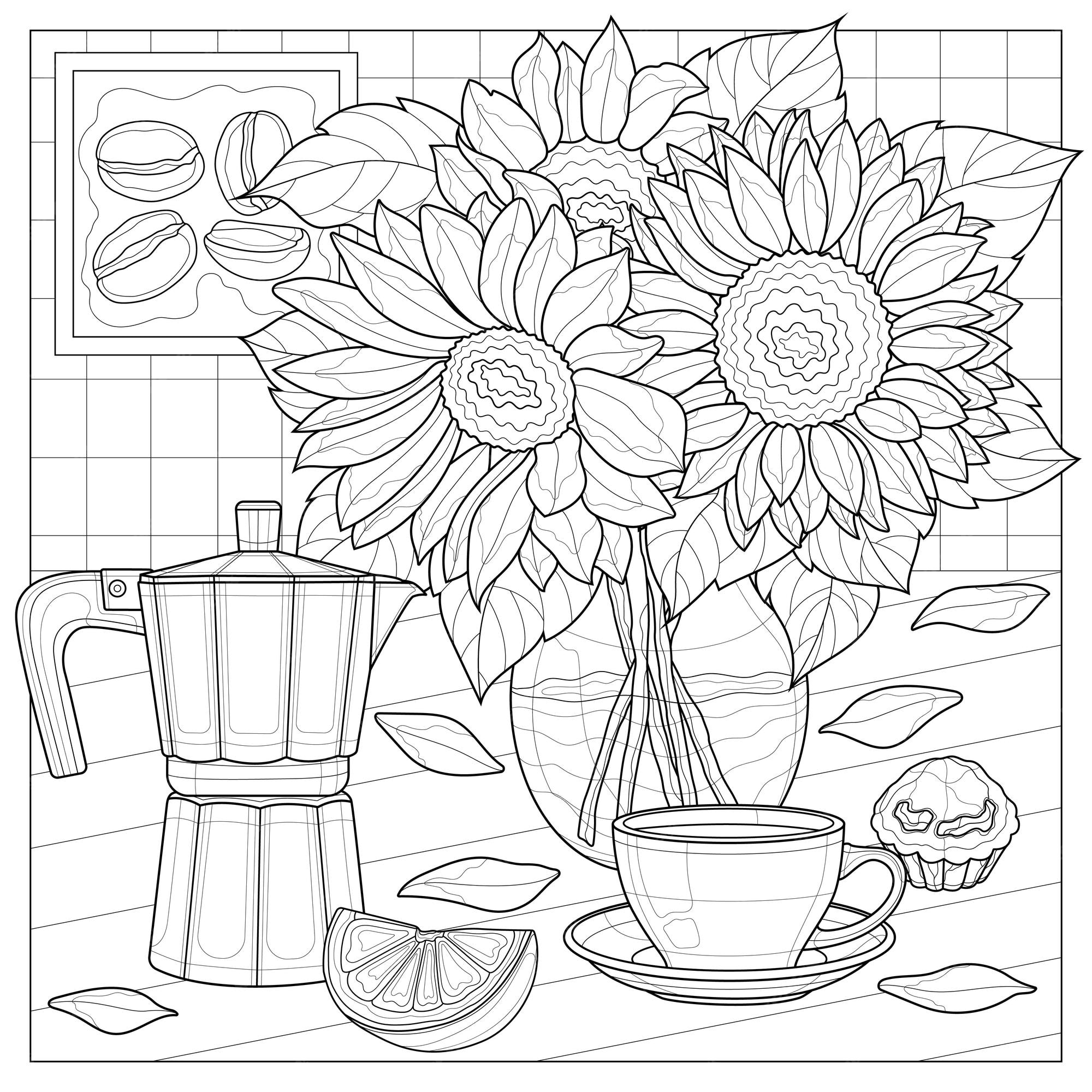 Premium Vector   Bouquet of sunflowers with a coffee maker and a ...