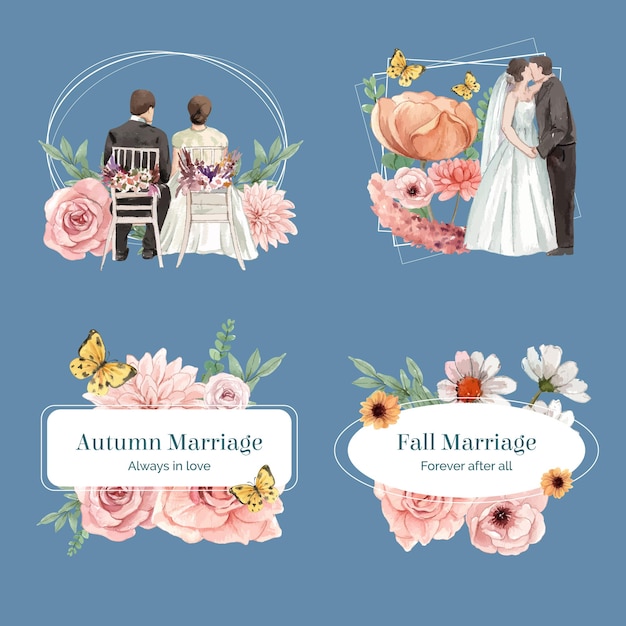 Bouquet template with wedding autumn concept in watercolor style