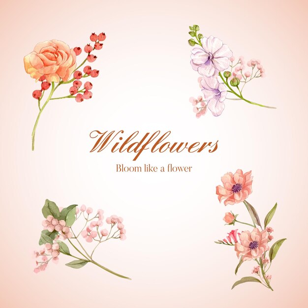 Bouquet template with wild flowers concept,watercolor style