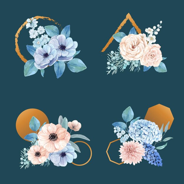 푸른 꽃 평화로운 개념, 수채화 스타일 꽃다발