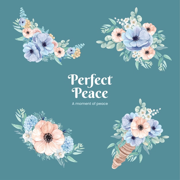 Free vector bouquet with blue flower peaceful concept,watercolor style