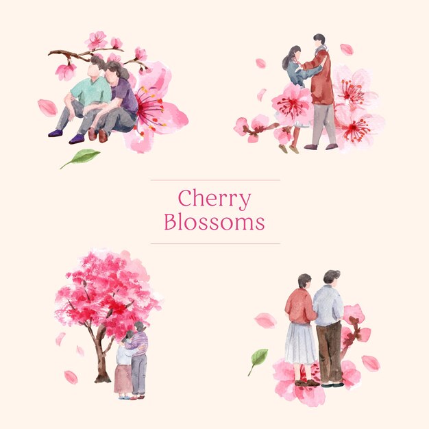Bouquet with cherry blossom concept design watercolor illustration
