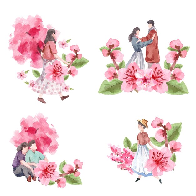 桜のコンセプトデザイン水彩イラストと花束