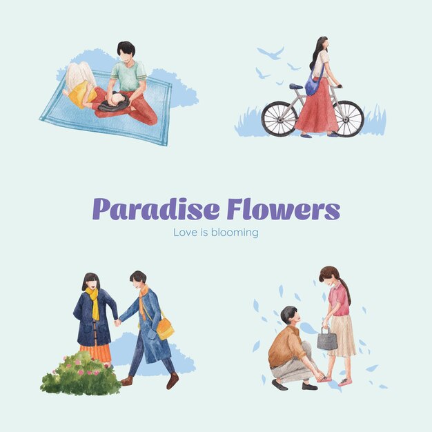 Bouquet with paradise love concept design watercolor illustration