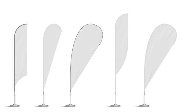 Лук и перья пляжные флаги пустые изогнутые шаблоны баннеров ветра Вертикальные вывески для наружной городской рекламы Экспо стенды макет изолирован на белом фоне Реалистичный трехмерный векторный набор макетов