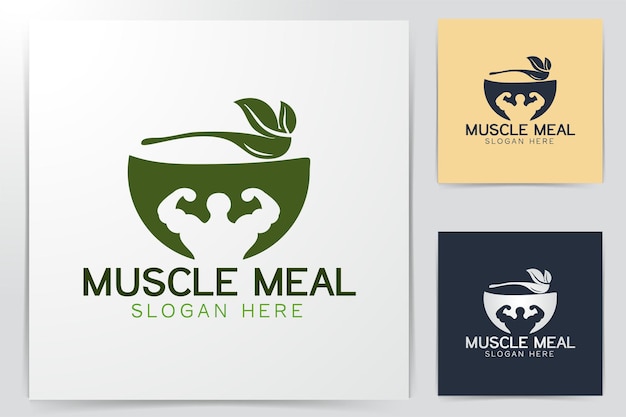 Bowl, Leaf, Spoon, Muscle, Healthy Food Logo Designs Inspiration Isolated on White Background