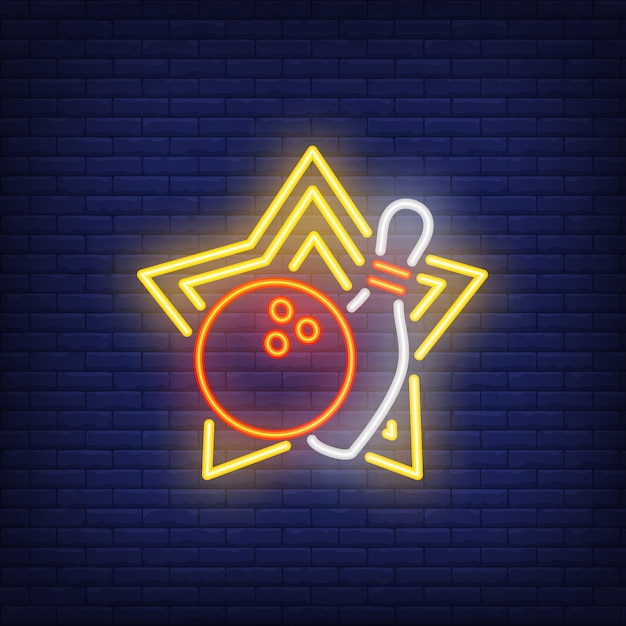 Bowling ball and pin on yellow star neon sign