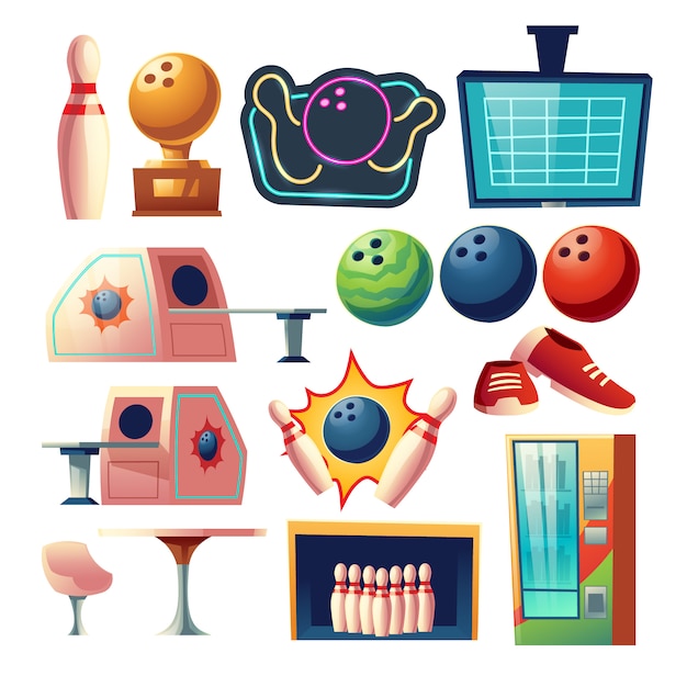 Bowling club equipment icons, design elements set isolated. Ball, skittle, score monitor, desk with chair, golden trophy, coffee table, sneakers, fridge Cartoon vector illustration