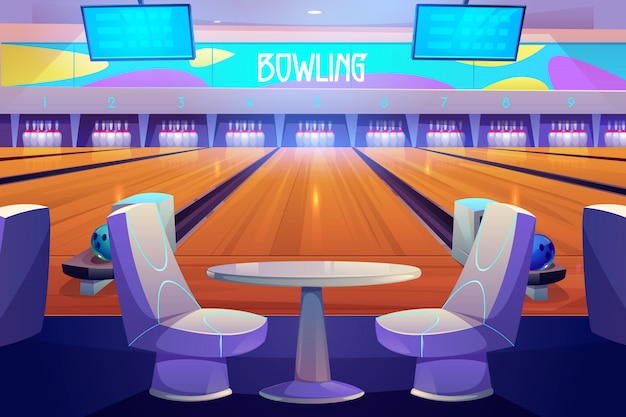 Free vector bowling club interior tables and playing alleys