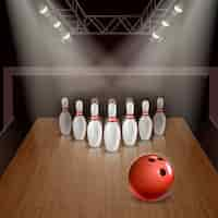 Free vector bowling lane with exposed skittles and red ball under spotlights 3d illustration