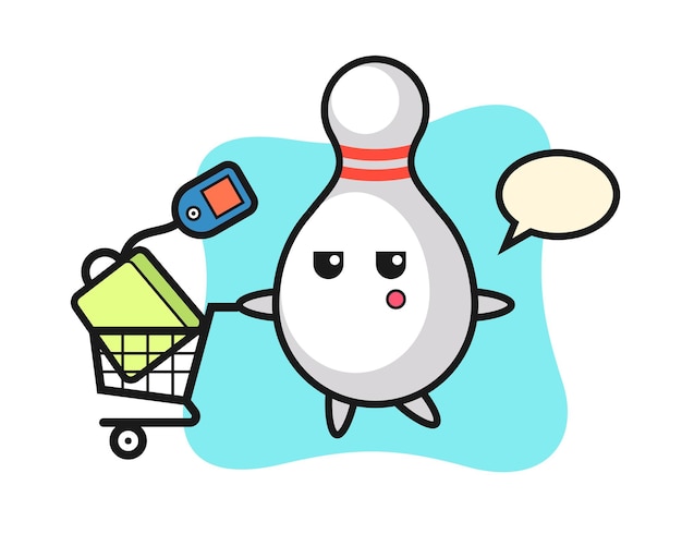 Bowling pin illustration cartoon with a shopping cart Premium Vector