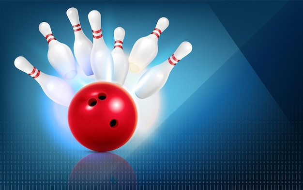 Bowling realistic composition with red ball strike and bunch of pins illustration