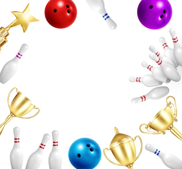 Free vector bowling realistic frame composition with balls and golden cups