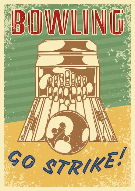 Free vector bowling retro poster with vertical composition of ten pin bowling lane image and editable ornate text