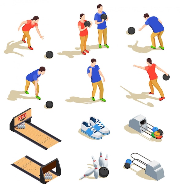 Боулинг набор изометрических иконок со спортивным инвентарем и командами игроков во время игры изолированы