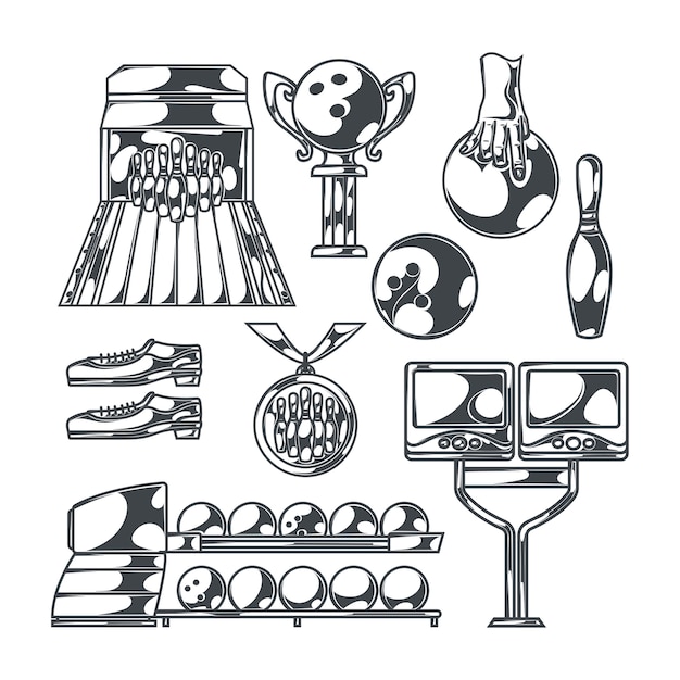Бесплатное векторное изображение Набор для боулинга с изолированными монохромными изображениями дорожки с булавками для забастовки мячей и трофейными кубками
