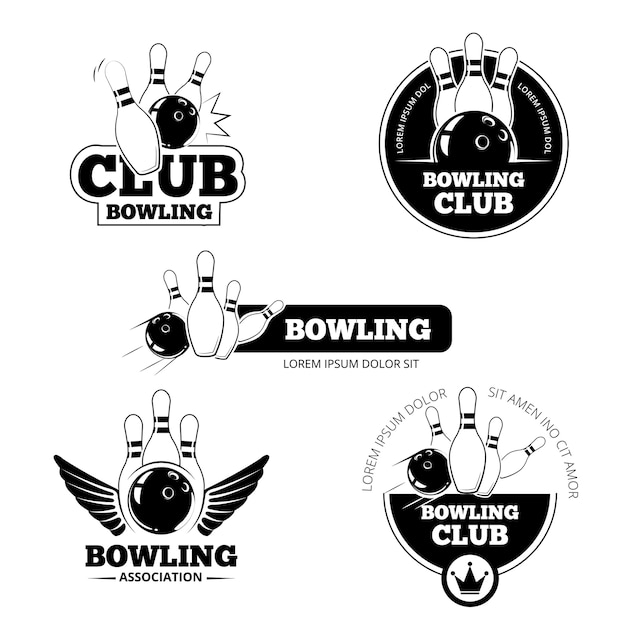 Bowling vector labels, emblems and badges set. Club gaming play, skittle and strike illustration